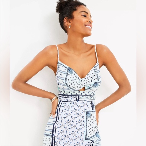 LOFT 12 Petite White and Blue Twist Patchwork Cami Mini Dress Sundress - Picture 3 of 11
